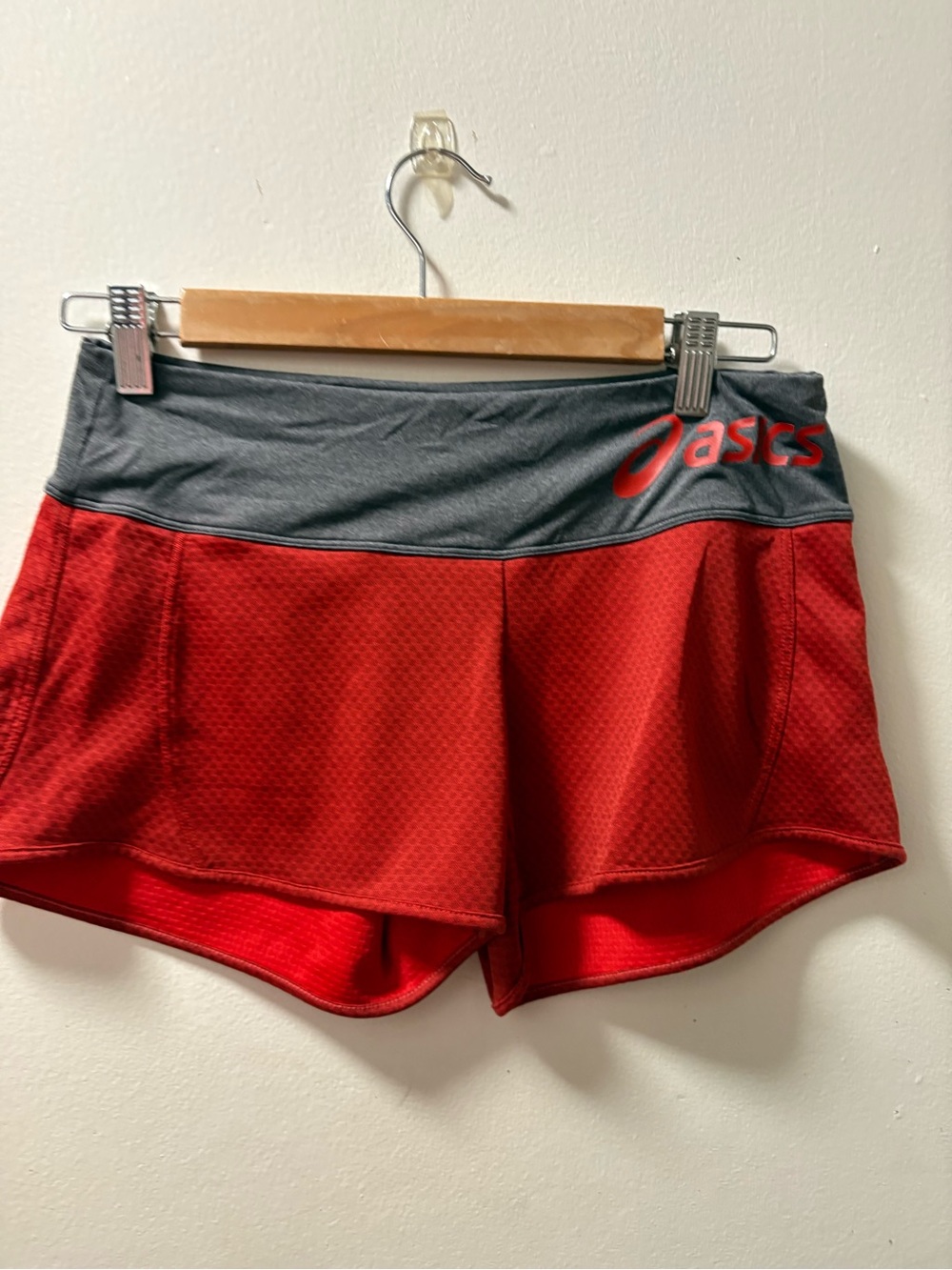 Asics Red Athletic Shorts with Gray Waistband size S